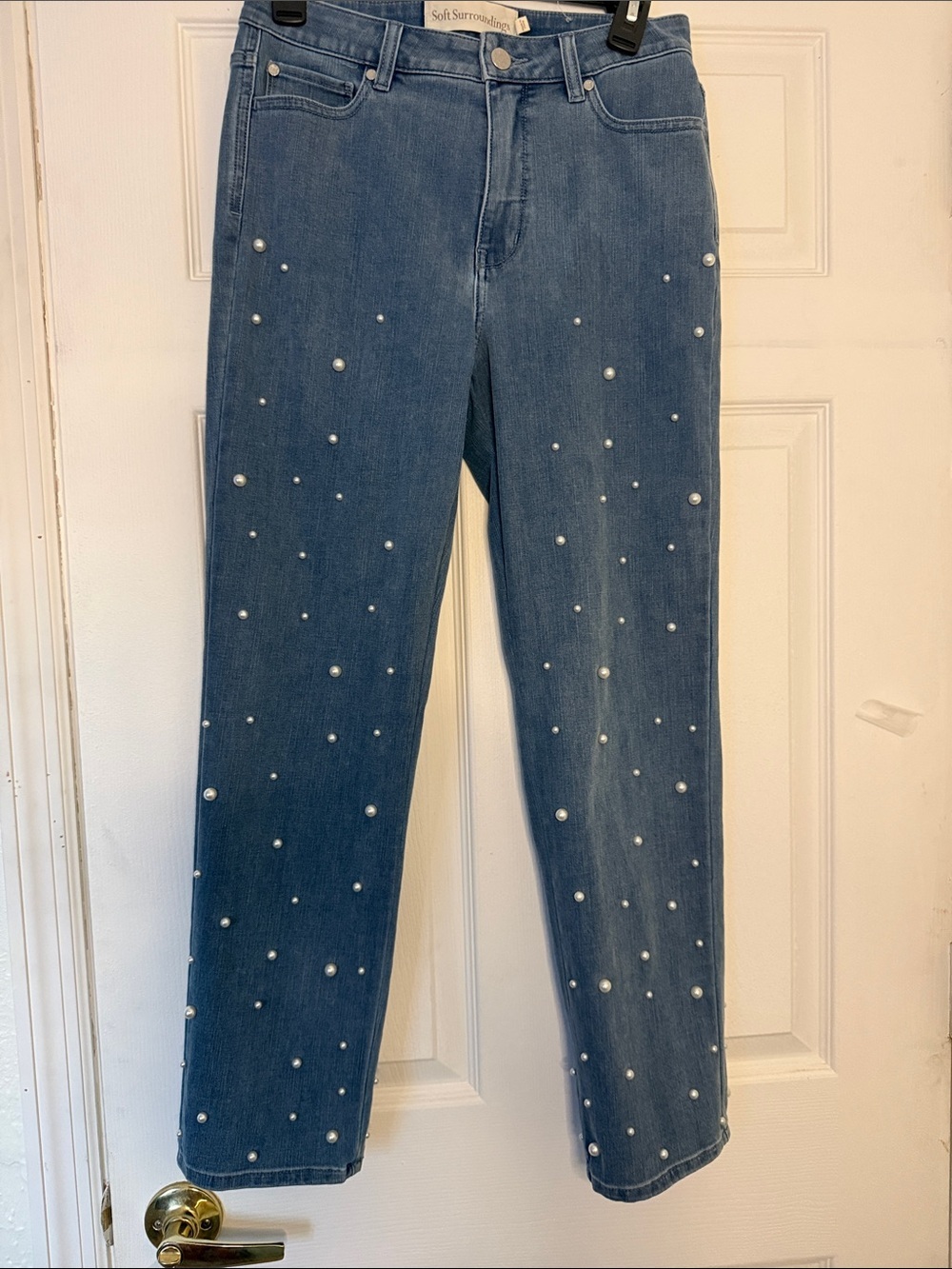 Soft Surroundings Blue Pearl-Embellished Straight-Leg Jeans